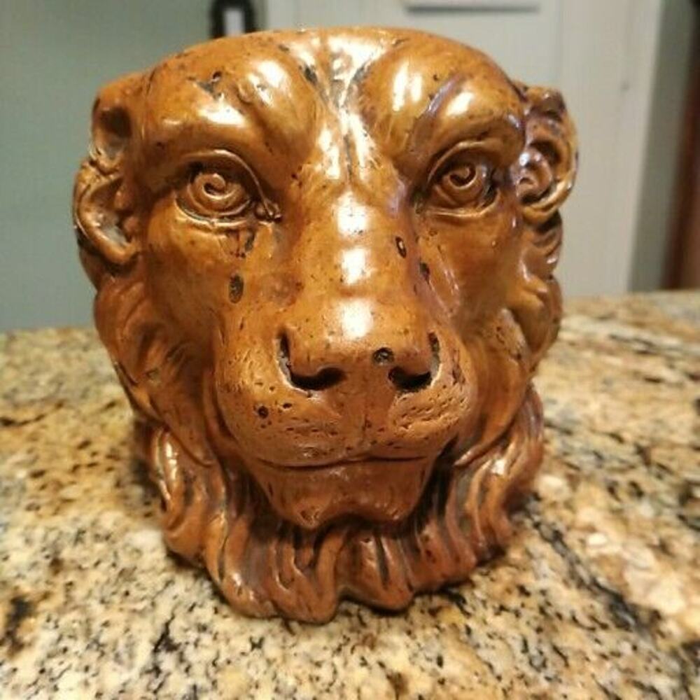 Vintage Tiger Head Detailed Ceramic Planter Made in Italy Vintage MCM Signed